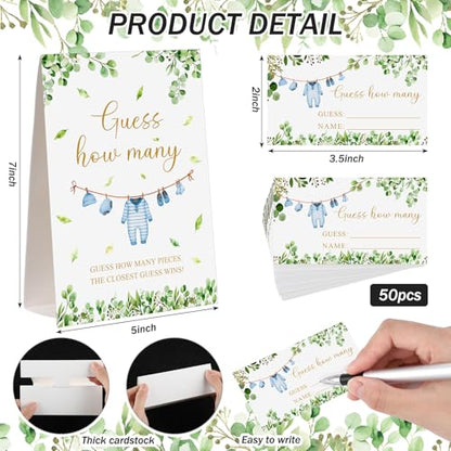 Blue Clothes Guess How Many Baby Shower Game Pack of 1 Tabletop Sign with Stand and 50 How Many Cards, Eucalyptus Gender Reveal Party Game Decorations - style: Eucalyptus