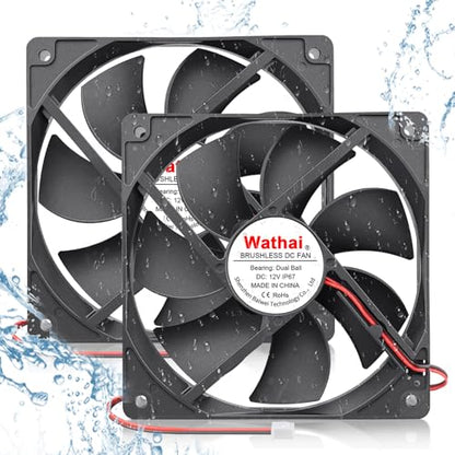 Wathai IP67 120mm DC 12V Exhaust Waterproof Fan Dual Ball 2pcs | High Preformance for Electronic Equipment Cabinet or DIY Cooling Ventilation Exhaust Projects IP67 2 Pack - size: 120x25mm