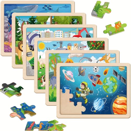 Wooden Puzzles for Kids Ages 3-5, 6 Packs 24 PCs Jigsaw Puzzles Preschool Educational Brain Teaser Boards Toys Gifts for Children, Wood Puzzles for 3 4 5 6 Year Old Boys Girls - color: 6 Packs Wooden - 24 Pieces Each - Various Themes