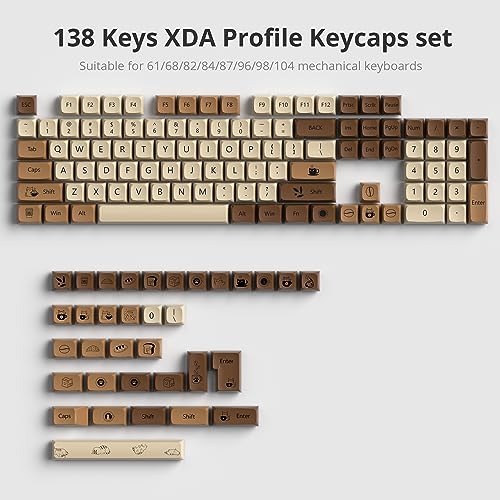 Coffee Cat PBT Dye-Sublimation Keycaps, XDA 138 Keys Custom | ANSI US standard Layout, for 61 64 68 87 104 108 Mechanical Keyboard, Durable wear-resistant , perfect for DIY builds - color: Cafe cat