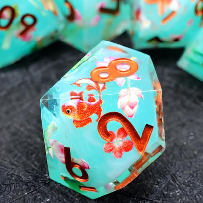 XENOLUX Polyhedral Resin DND Dice Set - Sharp Edge RPG Dice with Koi Fish and Lotus Inclusions, Cyan Tabletop Board Games Accessories in Tin Box for Dungeons and Dragons (L23) - color: L23
