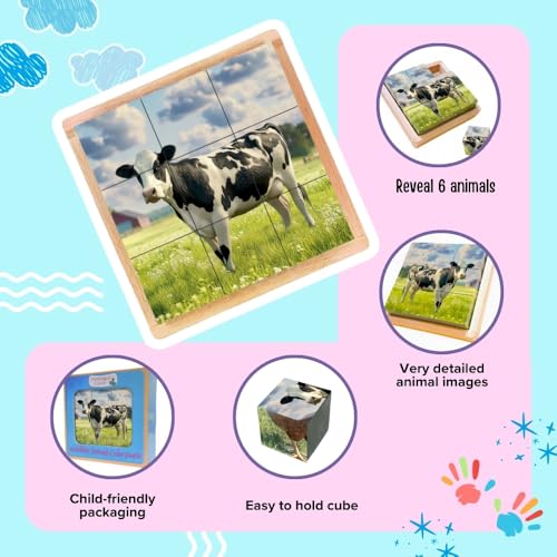 6-in-1 Wooden Animal Puzzle – Montessori Cube Toy for Kids – Realistic Farm Animals Educational Wood Blocks for Toddlers Ages 3–6 - style: Farm Animals
