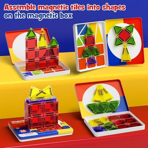 WMXDU Travel Magnetic Tiles Set: Keep Kids Quiet on Planes & in Cars | 26 Tiles -Mess-Free Creative Play. Sturdy Iron Box Doubles as a Building Base. No More Lost Pieces During Travel - style: 26pcs-Orange