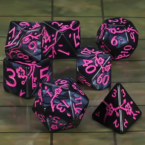 CiaraQ 7pcs Polyhedral Dice Set for Dungeon and Dragons MTG Table Games | Acrylic Role Playing Dice for D&D with Black Velvet Bag – Black Pearl with Pink Numbers & Plum Blossom Patterns - color: Black and Pink Floral Dice