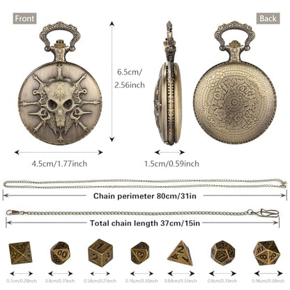 Mini DND Dice Set Steampunk Warlock Pocket Watch Shell Case, 7pcs Polyhedral Metal D&D Dice Set, DND Gifts with Gift Box for Gamer, Role Playing Board Games Accessories, Bronze - color: Warlock
