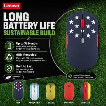 Lenovo 350 Bluetooth Silent Mouse (Fan Edition), Wireless Ergonomic Ambidextrous Design, Bluetooth 5.3, Adjustable DPI up to 2400, 36 Month Battery Life, Recycled Materials, USA Flag - color: USA Flag