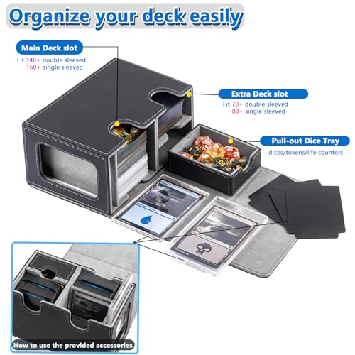 MTG Deck Box for Commander with Dice Tray,Designed for MTG Commander | Card Deck Box Fits 200+ Double Sleeved Cards,Card Storage Box with 3 Dividers 2 card holder - color: Gray