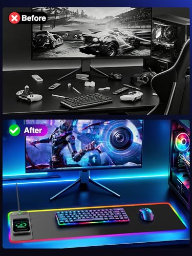 Wireless Charging Mouse Pad Gaming, 31.5"x11.8" Large Desk Mat, Waterproof | RGB Mousepad, Smooth Glide, Stitched Edge, Non-Slip Rubber Base, Desk Pad Computer Keyboard Mat, No Adapter - color: RGB-31.5"x11.8"