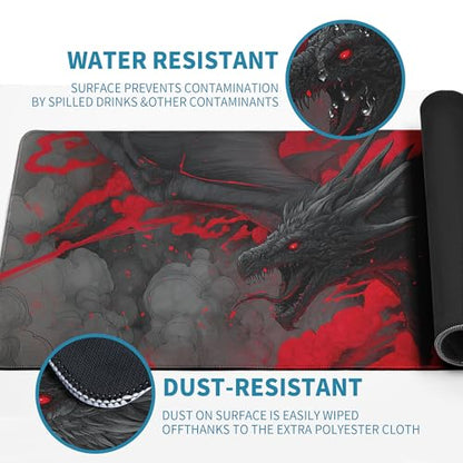 Huge Dragon Mouse Pad Desk Mat XL Extended Large Gaming Desk Pad Mousepad, Red and Black Computer Laptop Keyboard and Mouse Mat, Desktop Protector Mat for Office and Home 31.5x11.8 in - color: A Red-eyed Dragon