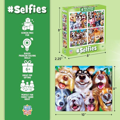MasterPieces – Jigsaw Puzzle Set for Kids 6+ Years, 4-Pack of 100 Pieces, Educational and Fun Game, Silly Animals Collection, Gift Idea for Children, 8" x 10" - style: Selfies