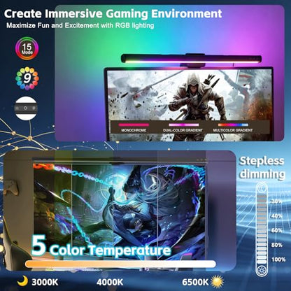 RGB Monitor Light Bar, Eye-Care Dual Light Reading Screen Lamp, 9 Modes Gaming Backlight LED Computer Lamp, 3 Colors Dimmable Frontlight, 16.6'' USB Desk Lights for Home, Office