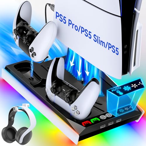 Tokluck PS5/Slim/Pro Cooling Station with Auto Turbofan & 3-Level Speed, PS5 Vertical Stand Cooling Fan Station with Controller Charger, Cooler Docking Station for PlayStation 4 Adapters - color: Black&White