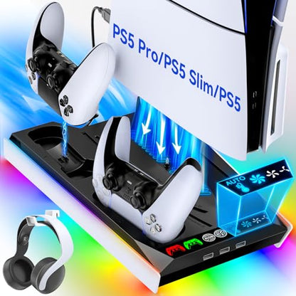 Tokluck PS5/Slim/Pro Cooling Station with Auto Turbofan & 3-Level Speed, PS5 Vertical Stand Cooling Fan Station with Controller Charger, Cooler Docking Station for PlayStation 4 Adapters - color: Black&White