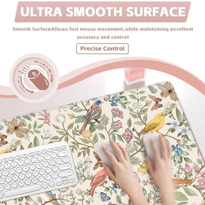 Baziabbo Cute Desk Mat,XXL Extended Big Mouse Pad,Gaming Mousepad with Stitched Edge,Non-Slip Rubber Base Keyboard Desk Pad for Home Office Study Game - color: Bird and Flower