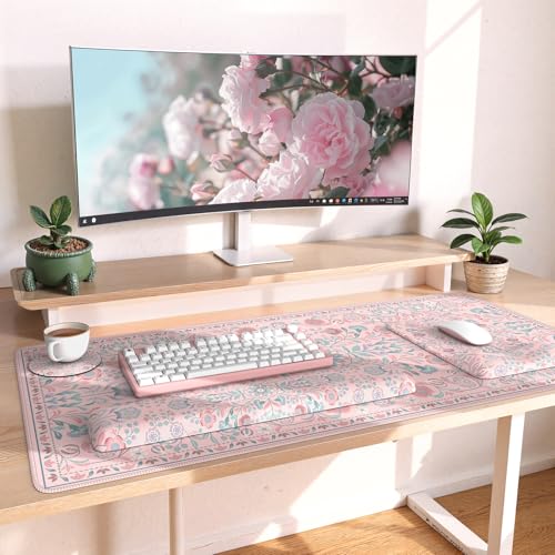 iLeadon Pink Desk Mat Set, Ergonomic Mouse Pad with Wrist Rest | Non-Slip Base Gaming Mouse Pad with Keyboard Wrist Pad, Anti-Fatigue Desk Mat with Wrist Support for Office Home - color: Pink