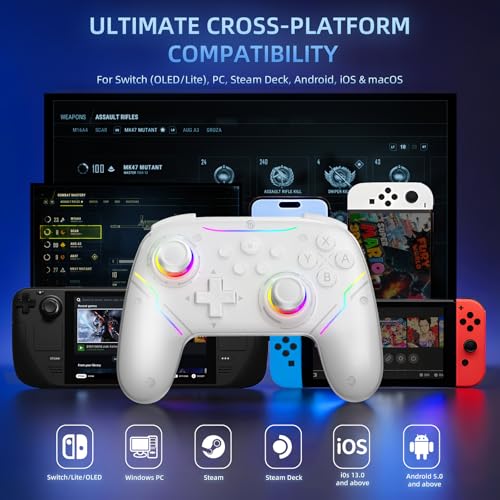 JDDWIN Wireless Controller for Switch 2/Switch/PC/Steam Deck, Hall Effect Joysticks & Triggers/Wake-up Function, Gamepad with RGB Light /Turbo/Programmable/ Dual Vibration Bluetooth USB Adapter for PC (White) - color: White