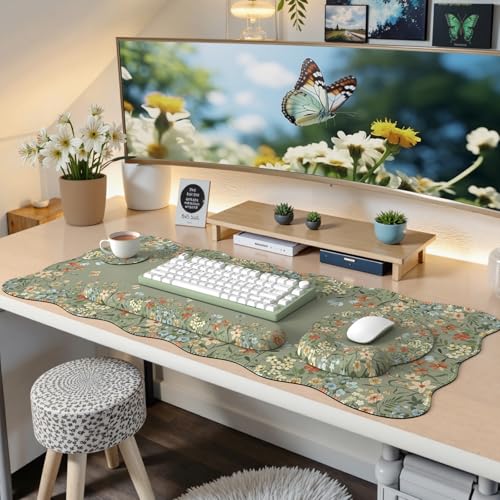 iCasso Desk Mat Set,Large Mouse Pad with Wrist Rest,Ergonomic Keyboard Wrist Support for Women,Girly Floral Computer Mat with Scalloped Edges,Non-Slip Desk Pad Home Office Gaming (Green) - color: Green