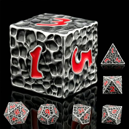 Haxtec Silver Metal DND Dice Set Ancient Metal Dice with Leather Bag Compatible with Dungeons and Dragons D&D Gifts TTRPG Antique Iron Red Gamer Gift for DND Players Masters - color: Antique Iron Red