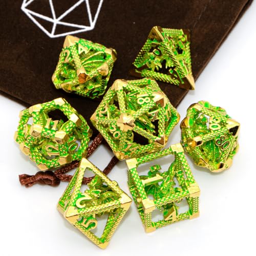 DND Dice,HNCCESG Metal D&D Dice of 7pc,Dungeons and Dragons Dice Set Polyhedral Dice Role Playing Dice Set Hollow Dice Gaming D D Gift for Table Game RPG Shadowrun (Gilt Green) - color: Gilt Green
