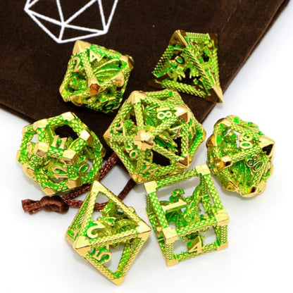DND Dice,HNCCESG Metal D&D Dice of 7pc,Dungeons and Dragons Dice Set Polyhedral Dice Role Playing Dice Set Hollow Dice Gaming D D Gift for Table Game RPG Shadowrun (Gilt Green) - color: Gilt Green
