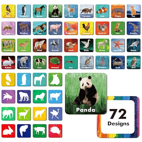 Hebayy 108 PCS Memory Matching Game, 72 Animal Cards & 36 Shadow Cards Matching Cards 36 Pairs Real Animal for Toddlers, Preschool, Kids 4 5 6 Years Old (2” x 2”) - style: Real Animals-C（108 Pieces Upgrade）