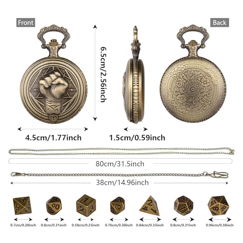 Mini DND Dice Set with Steampunk Monk (Fist) Pocket Watch Case, Tiny 7PCS Polyhedral Metal D&D Dice, DND Gifts with Gift Box, Role Playing Game Board Game Accessories Dice, Bronze - color: Bronze