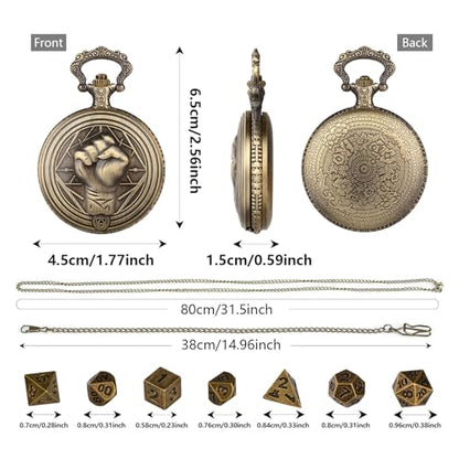 Mini DND Dice Set with Steampunk Monk (Fist) Pocket Watch Case, Tiny 7PCS Polyhedral Metal D&D Dice, DND Gifts with Gift Box, Role Playing Game Board Game Accessories Dice, Bronze - color: Bronze