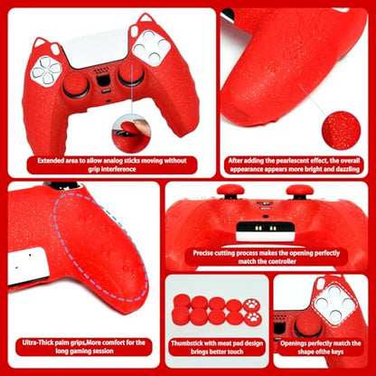 Red Cat Glitter Anti-Slip Protective Silicone Cover Skin Grips Compatible with PS5/Slim/Pro Controller,8 PCS Thumb Grips Caps and 2 Paw Grips Caps. (Cat Red) - color: Cat Red