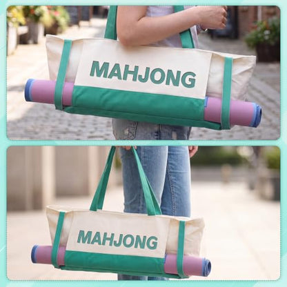 Abbylike 28x9 Inches Mahjong Bag for Rolled Mat Tiles Racks Pushers Accessories Empty Mahjong Tote Bag with Zipper Closure Outer Pockets Lining Large Capacity (Beige&Teal,Canvas) - color: Beige&teal