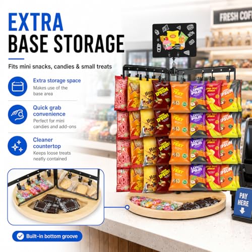 Chip Rack Display Stand, 360° Rotating 6-Sided Chip Holder Display for Countertop with 75 Adjustable Clips, Wooden Base Tray, DIY Message Board & Pen, Snack Display Rack for Concession Stand, Retail, Office, Parties - size: Rotatable use