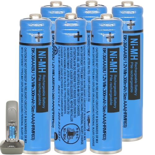 BK-30AAABU NI-MH AAA Rechargeable Battery 1.2V 300mah 6Pack AAA NiMH Batteries for Panasonic Cordless Phones, Remote Controls, Electronics