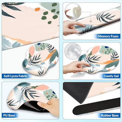 Desk Mat Set Keyboard and Mouse Pad with Wrist Rest Support | Ergonomic,Pain Relief, 4-in-1 Large Big Mousepad Computer Mats,Desk Pad Matt Mats for Desktop Home & Office - color: O-Leaves 2