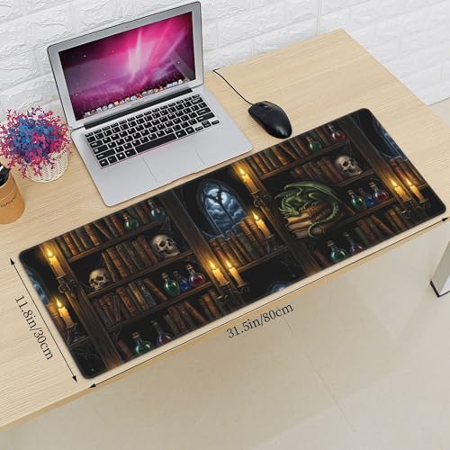 Wizard Library Large Gaming Mouse Pad 31.5 x 11.8 in Gothic Dragon & Magic Potions Desk Mat - Extended Non-Slip Rubber Base with Stitched Edges for Office & Home - color: 19