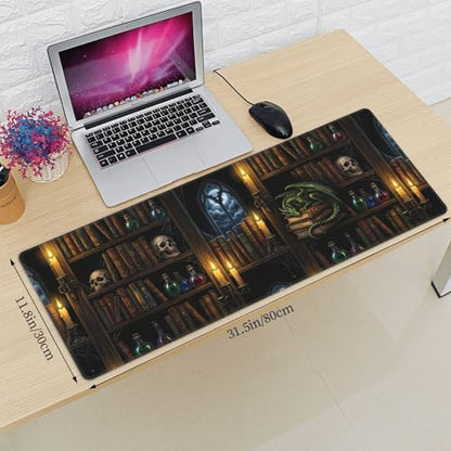Wizard Library Large Gaming Mouse Pad 31.5 x 11.8 in Gothic Dragon & Magic Potions Desk Mat - Extended Non-Slip Rubber Base with Stitched Edges for Office & Home - color: 19