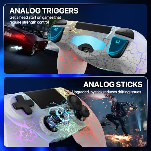 ISHAKO Controller for PS4, Wireless for Playstation 4/PS3/PC/iOS/Android, Wireless PC Game Controller with RGB Lights, Dual Vibration, 6-Axis Gyro, 1000mAh Battery - White Controller