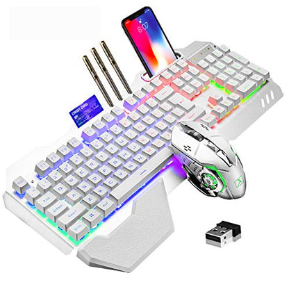 Wireless Gaming Keyboard and Mouse,RGB Backlit Rechargeable Keyboard Mouse with 5000mAh Battery Metal Panel,Removable Hand Rest Mechanical Feel Keyboard and 7 Color Gaming Mute Mouse for PC Gamers - color: White RGB