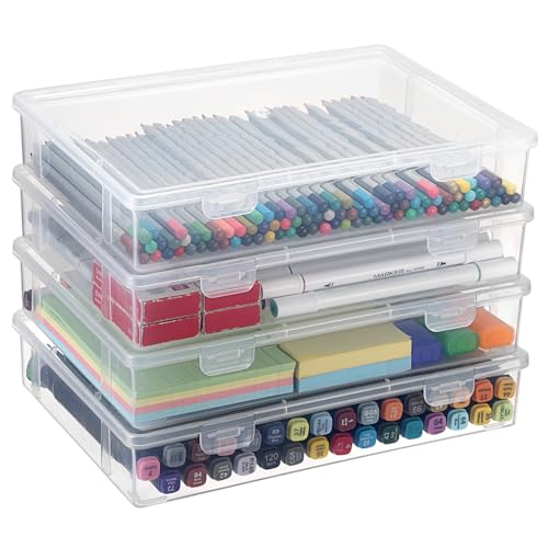 BTSKY Clear Plastic Storage Box with Flap Lid,4 Pack Medium-10.8"x7.9"x2.1" | Multipurpose Craft Organizers and Storage Box Art Supply Storage Organizer Plastic Sewing Box for Beads Pencils Notebooks - size: Medium-4 Pack