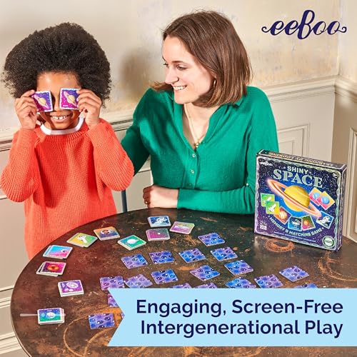 eeBoo Shiny Space Memory & Matching Game, Ages 5+, 1-6 Players | Introduces space & science vocabulary. Sharpens recognition, concentration & memory skills. Includes 48 foil tiles, 24 pairs - style: Shiny Space