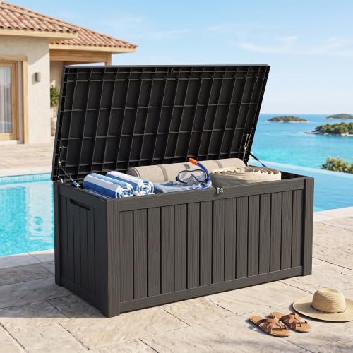 Outdoor Storage Box, 150 Gallon Waterproof Deck Box [Upgraded 3.0], Piston-Assisted Resin Trunk for Sectional Sofa Cushions, High-Capacity Lockable Double Storage Bench, Patio Lounge, Black - color: Black, size: 150 Gallon 3.0