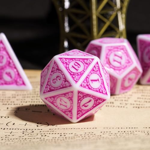 7PCs DND Dice Set, Unique Window Lattice Pattern D&D Dice Set with Leather Die Bag, Polyhedral Die for RPG Table Games (Pink/White) - color: Pink With White Edge