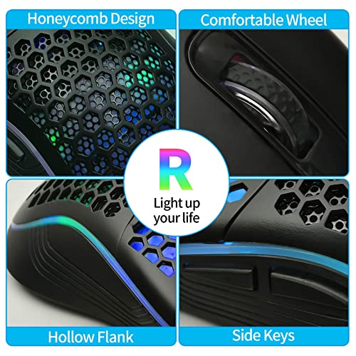 Techsea Honeycomb Wired Gaming Mouse with RGB On/Off Switch, 7200 Adjustable DPI, Ergonomic Lightweight Design & High Precision Sensor for PC/Mac Gamers (Black) - color: Black
