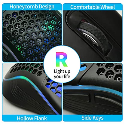 Techsea Honeycomb Wired Gaming Mouse with RGB On/Off Switch, 7200 Adjustable DPI, Ergonomic Lightweight Design & High Precision Sensor for PC/Mac Gamers (Black) - color: Black
