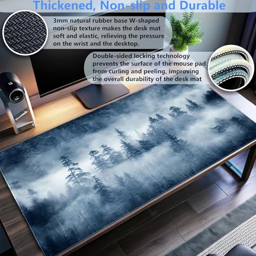 Misty Forest Desk Mat, Pine Tree Large Gaming Mouse Pad 31.5x15.7 in | Calming foggy forest nature desk pad with soft 3mm cushion, smooth fabric top, and non-slip natural rubber base. - color: Misty Forest