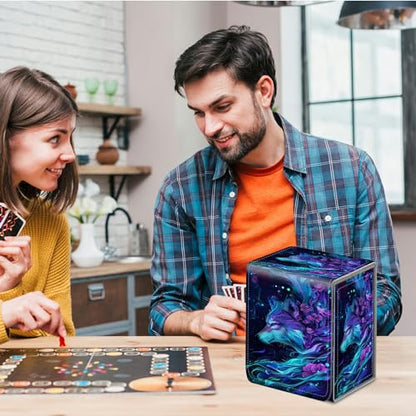 Card Deck Box for Trading Cards,MTG Commander Deck Box Fits 100+ Single Sleeved Cards,Leather Magnetic Card Storage Box for YuGiOh TCG CCG Cards,Purple Wolf - color: Purple Wolf