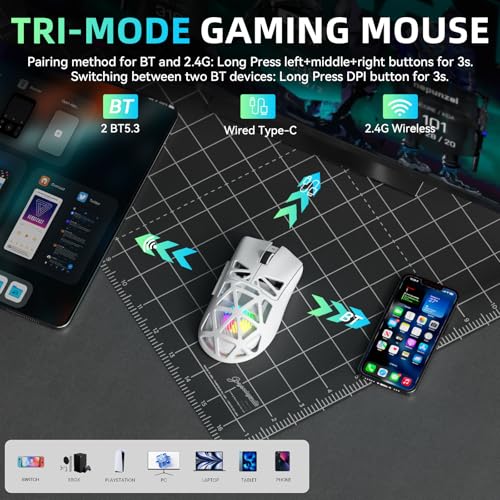 Aula SC620 Wireless Gaming Mouse, Tri-Mode 2.4GHz/USB-C/BT5.3 Computer Mouse with 12000 DPI, Programmable Macro Gamer Mouse with Rapid Fire Key, RGB Light White Gaming Mice for PC/Laptop/Mac - color: White
