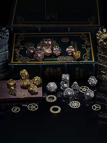 Metal Dice Set D&D, 7-Die DND Dice Metal Gear Dice with Gift Bag for Role Playing Games(Antique Gold) - color: Antique Gold