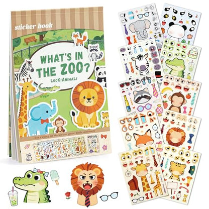 Make a Face Stickers for Kids, 10 Cute Animal Sticker Sheets and 1 Scene Card, Mess-Free DIY Classroom Activities, Goodie Bag Stuffers, Party Favors, Removable and Repositionable - style: Zoo