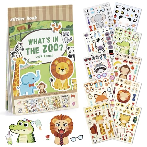 Make a Face Stickers for Kids, 10 Cute Animal Sticker Sheets and 1 Scene Card, Mess-Free DIY Classroom Activities, Goodie Bag Stuffers, Party Favors, Removable and Repositionable - style: Zoo