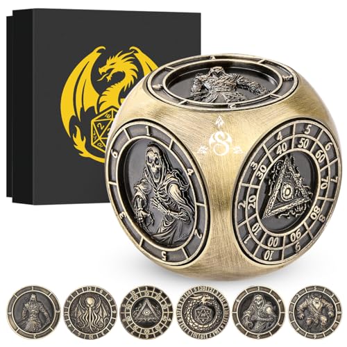 DND Fingertip Dice Spinner, Polyhedral Rotating Game Dice, Metal Dice Set with 3D Pattern for DND Gifts with Dragon Logo Gift Box, Role Playing Board Game Accessories, Bronze - color: Bronze