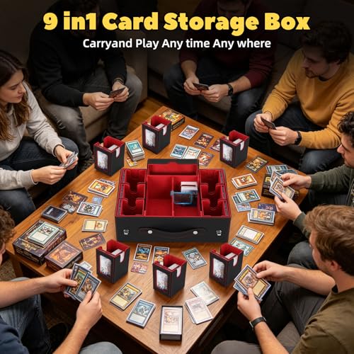 MTG Commander Deck Box with Handle, 6Removable Boxes,2-Row Case & Dice Tray | 9-in-1 Large Card Storage Box, Holds 1400+ Double-Sleeved Cards, Display Window,Mag Holders, Latch Closure,Fit TCG/EDH,Red - color: Red